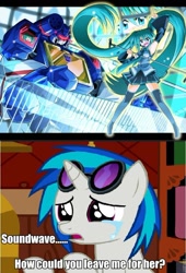 Size: 652x959 | Tagged: safe, dj pon-3, vinyl scratch, pony, unicorn, hatsune miku, soundwave (transformers), transformers, vocaloid