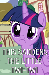 Size: 427x655 | Tagged: safe, edit, edited screencap, screencap, twilight sparkle, twilight sparkle (alicorn), alicorn, pony, pinkie pride, :c, chubby, cropped, cute, frown, inverted mouth, looking at you, reaction image, sad, solo, text edit, this saddens, twiabetes