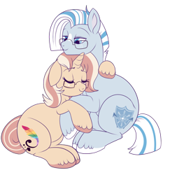 Size: 800x824 | Tagged: safe, artist:lulubell, oc, oc only, oc:frost, oc:lulubell, pony, chubby, female, freckles, frostbell, glasses, hug, male, oc x oc, shipping, simple background, straight, transparent background