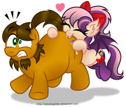 Size: 970x824 | Tagged: safe, artist:aleximusprime, oc, oc only, oc:alex the chubby pony, oc:sweet velvet, bat pony, pony, biting, butt bite, chubby, literal butthurt, pain, simple background, transparent background