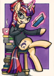 Size: 1350x1904 | Tagged: safe, artist:canvymamamoo, moondancer, pony, unicorn, book, clothes, female, magic, mare, solo, stool, sweater, traditional art