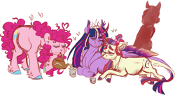 Size: 1841x1000 | Tagged: safe, artist:eqq_scremble, derpibooru exclusive, moondancer, pinkie pie, twilight sparkle, twilight sparkle (alicorn), alicorn, earth pony, pony, unicorn, crown, cuddling, cup, ear piercing, earring, eqqverse, female, food, glasses, hairband, jewelry, lesbian, married couple, moonlightpie, moonpie, piercing, pinkiedancer, polyamory, pregnant, regalia, shadow, shipping, tea, tea kettle, teacup, tired, twidancer, twinkie