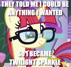 Size: 736x696 | Tagged: safe, edit, edited screencap, screencap, moondancer, pony, amending fences, caption, glasses, happy, identity theft, image macro, impact font, meme, solo, text