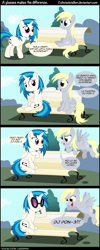 Size: 900x2250 | Tagged: safe, artist:coltsteelstallion, artist:innuendo88, derpy hooves, dj pon-3, vinyl scratch, pegasus, pony, unicorn, comic, female, mare, spanish, translation