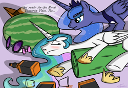 Size: 1310x900 | Tagged: safe, artist:jackiephantom13, dj pon-3, octavia melody, princess celestia, princess luna, vinyl scratch, alicorn, earth pony, pony, unicorn, alcohol, cover, fanfic, hangover