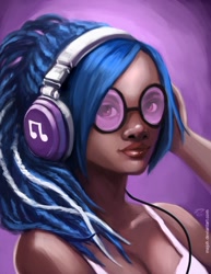 Size: 638x825 | Tagged: safe, artist:majoh, dj pon-3, vinyl scratch, human, clothes, dark skin, female, glasses, headphones, humanized, solo