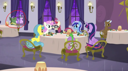 Size: 1364x764 | Tagged: safe, edit, screencap, lemon hearts, minuette, moondancer, spike, starlight glimmer, twilight sparkle, twilight sparkle (alicorn), twinkleshine, alicorn, dragon, pony, unicorn, amending fences, chair, menu, restaurant, self ponidox, starlight glimmer's time traveling snarkventure, starlight says bravo, table