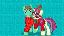 Size: 1920x1080 | Tagged: safe, artist:osipush, moondancer, oc, oc:ian, christmas, clothes, glasses, hearth's warming, holiday, sweater