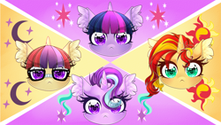 Size: 3265x1837 | Tagged: safe, artist:schokocream, moondancer, starlight glimmer, sunset shimmer, twilight sparkle, pony, unicorn, bust, cutie mark background, ear fluff, female, mare