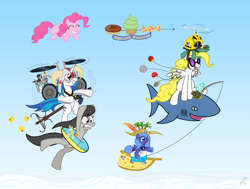 Size: 3100x2340 | Tagged: safe, artist:lightf4lls, dj pon-3, lyra heartstrings, octavia melody, pinkie pie, princess luna, surprise, tank, vinyl scratch, alicorn, earth pony, pegasus, pony, shark, unicorn, g1, female, g1 to g4, generation leap, grenade, high res, inner tube, mare, open mouth, pokéball, pokémon, rubber duck, woona