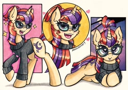 Size: 2048x1446 | Tagged: safe, artist:canvymamamoo, moondancer, pony, unicorn, :p, clothes, cute, dancerbetes, female, glasses, heart eyes, mare, silly, solo, sweater, tongue out, wingding eyes