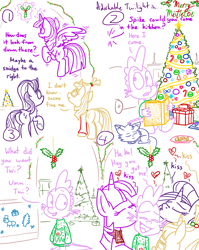 Size: 1280x1611 | Tagged: safe, artist:adorkabletwilightandfriends, moondancer, spike, starlight glimmer, twilight sparkle, twilight sparkle (alicorn), oc, oc:pinenut, alicorn, cat, dragon, pony, unicorn, comic:adorkable twilight and friends, adorkable, adorkable twilight, book, bowtie, butt, candle, candy, candy cane, card, christmas, christmas card, christmas gift, christmas lights, christmas tree, christmas wear, clothes, comic, cute, dork, evergreen tree, family, female, flying, food, friendship, glowing horn, greg's bowtie, hearth's warming, hearth's warming eve, holiday, holly, holly mistaken for mistletoe, horn, humor, kissing, letter, lineart, love, lying down, magic, male, mare, mistletoe, ornament, ornaments, plot, present, scarf, sitting, spikelove, sweater, telekinesis, tree