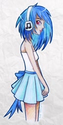 Size: 660x1302 | Tagged: safe, artist:eljonek, dj pon-3, vinyl scratch, human, clothes, female, headphones, humanized, looking at you, skinny, skirt, solo, traditional art