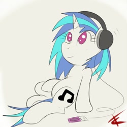 Size: 700x700 | Tagged: safe, artist:crade, dj pon-3, vinyl scratch, pony, unicorn, headphones, mp3 player, no pupils, smiling, solo