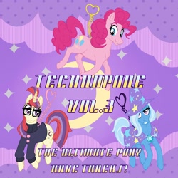 Size: 2000x2000 | Tagged: safe, artist:foolgirl, moondancer, pinkie pie, trixie, earth pony, pony, abstract background, album cover, keychain, text, toy