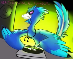 Size: 758x609 | Tagged: safe, artist:vertizontal, dj pon-3, vinyl scratch, dinosaur, pony, archaeopteryx, dark background, feathered dinosaur, female, jewelry, necklace, solo, species swap, sunglasses