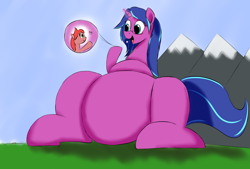 Size: 3496x2362 | Tagged: safe, artist:taurson, oc, oc only, oc:cee biscuit, oc:tea biscuit, earth pony, pony, unicorn, chubby, eating, fetish, giant pony, heart, macro, magic, oc x oc, shipping, sitting, telekinesis