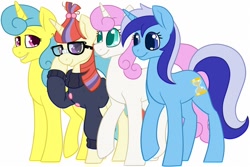 Size: 1000x666 | Tagged: safe, alternate version, artist:darkodraco, lemon hearts, minuette, moondancer, twinkleshine, pony, unicorn, clothes, female, glasses, looking at you, mare, raised hoof, simple background, smiling, sweater, white background