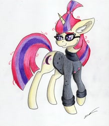 Size: 2383x2741 | Tagged: safe, artist:luxiwind, moondancer, pony, unicorn, clothes, ear fluff, female, glasses, looking back, mare, solo, sweater, traditional art