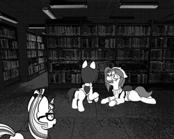 Size: 1280x1024 | Tagged: safe, artist:scraggleman, moondancer, oc, oc:floor bored, oc:taku, earth pony, pony, unicorn, story:lost and found, backpack, clothes, crooked glasses, crying, glasses, library, lying down, monochrome, story included, sweater