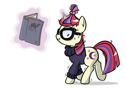 Size: 2039x1446 | Tagged: safe, artist:pony4koma, moondancer, camel, pony, unicorn, book, clothes, dromedary, female, glasses, magic, mare, practice, sweater