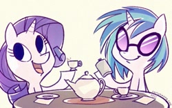 Size: 491x309 | Tagged: safe, dj pon-3, rarity, vinyl scratch, pony, unicorn, female, horn, mare, purple mane, tea party, white coat