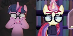 Size: 2146x1073 | Tagged: safe, moondancer, sci-twi, twilight sparkle, pony, unicorn, amending fences, better together, equestria girls, spring breakdown, aura, book, comparison, equestria girls ponified, glasses, sci-twi's pony reaction, unicorn sci-twi