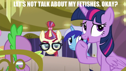 Size: 1280x720 | Tagged: safe, edit, edited screencap, screencap, minuette, moondancer, spike, twilight sparkle, twilight sparkle (alicorn), alicorn, dragon, pony, unicorn, amending fences, caption, female, glasses, image macro, impact font, implied fetish, male, mare, table, text