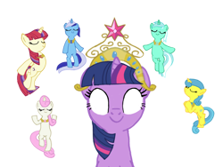 Size: 1024x768 | Tagged: safe, artist:turnaboutart, lemon hearts, lyra heartstrings, minuette, moondancer, twilight sparkle, twinkleshine, pony, alternate universe, base used, big crown thingy, canterlot six, element of generosity, element of honesty, element of kindness, element of laughter, element of loyalty, element of magic, elements of harmony, jewelry, regalia, the elements in action