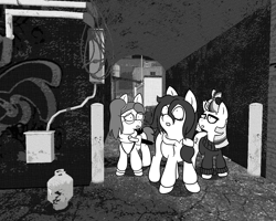 Size: 1280x1024 | Tagged: safe, artist:scraggleman, moondancer, oc, oc:floor bored, oc:taku, pony, unicorn, story:lost and found, clothes, female, glasses, hoodie, monochrome, story included, sweater, teary eyes, worried