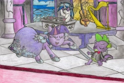 Size: 5230x3515 | Tagged: safe, artist:urbanhawk, dj pon-3, octavia melody, spike, twilight sparkle, vinyl scratch, dragon, earth pony, pony, unicorn, traditional art