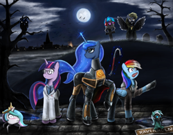 Size: 1280x1000 | Tagged: safe, artist:dobromyslov, derpy hooves, dj pon-3, lyra heartstrings, owlowiscious, princess celestia, princess luna, rainbow dash, twilight sparkle, vinyl scratch, alicorn, pegasus, pony, unicorn, alyx vance, clothes, cross, crowbar, father grigori, female, gamer luna, gas mask, glasses, gordon freeman, half-life, half-life 2, headcrab, isaac kleiner, lab coat, levitation, magic, mare, mask, moon, night, parody, raised hoof, ravenholm, seapony lyra, telekinesis, valve, wat