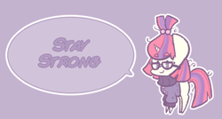 Size: 1280x688 | Tagged: safe, artist:typhwosion, moondancer, pony, unicorn, clothes, female, glasses, mare, messy mane, positive ponies, purple background, simple background, smiling, speech bubble, sweater, text