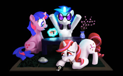 Size: 900x563 | Tagged: safe, artist:seworig, buttons (g1), dj pon-3, moondancer (g1), vinyl scratch, pony, unicorn, g1, g1 to g4, generation leap, sushi