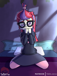 Size: 750x1000 | Tagged: safe, artist:thealjavis, moondancer, human, equestria girls, bed, clothes, equestria girls-ified, female, glasses, patreon, solo