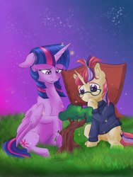 Size: 775x1031 | Tagged: safe, artist:firimil, moondancer, twilight sparkle, twilight sparkle (alicorn), alicorn, pony, unicorn, female, floppy ears, glasses, mare, sitting, teary eyes, tree