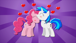 Size: 1920x1080 | Tagged: safe, artist:allibear17, dj pon-3, pinkie pie, vinyl scratch, earth pony, pony, unicorn, blushing, eyes closed, female, heart, kissing, lesbian, nuzzling, shipping, smiling, vinylpie