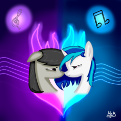 Size: 4000x4000 | Tagged: safe, artist:fluffymons, dj pon-3, octavia melody, vinyl scratch, earth pony, pony, unicorn, female, lesbian, scratchtavia, shipping