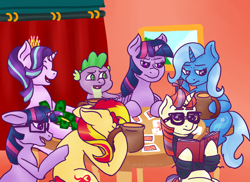 Size: 3850x2800 | Tagged: safe, artist:kiwiscribbles, moondancer, sci-twi, spike, starlight glimmer, sunset shimmer, trixie, twilight sparkle, twilight sparkle (alicorn), alicorn, dragon, pony, unicorn, card, counterparts, crown, equestria girls ponified, female, floppy ears, gambling, glasses, jewelry, mare, money, poker, ponified, regalia, sitting, smiling, twilight's counterparts, unicorn sci-twi, wavy mouth