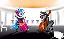 Size: 1756x1080 | Tagged: safe, artist:pupupu6000, dj pon-3, octavia melody, vinyl scratch, earth pony, pony, unicorn, cello, female, lesbian, musical instrument, scratchtavia, shipping