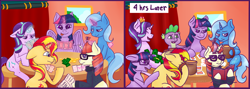 Size: 4000x1420 | Tagged: safe, artist:kiwiscribbles, moondancer, sci-twi, spike, starlight glimmer, sunset shimmer, trixie, twilight sparkle, twilight sparkle (alicorn), alicorn, dragon, pony, unicorn, book, card, cheating, counterparts, crown, equestria girls ponified, female, floppy ears, gambling, glasses, glowing horn, jewelry, levitation, magic, magical quintet, male, mare, money, playing card, poker, regalia, sitting, smiling, telekinesis, tongue out, twilight's counterparts, unicorn magic, unicorn sci-twi, wavy mouth