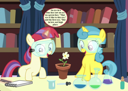 Size: 1008x720 | Tagged: safe, edit, edited screencap, screencap, lemon hearts, moondancer, pony, unicorn, celestial advice, beaker, book, bookshelf, cropped, curtains, cute, dancerbetes, dialogue, erlenmeyer flask, female, filly, filly lemon hearts, filly moondancer, flower, flower pot, lemonbetes, notepad, punctuation error, riddle, safety goggles, smiling, speech bubble, the hobbit, younger