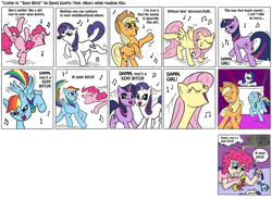 Size: 1500x1100 | Tagged: safe, artist:flashinthepan, applejack, dj pon-3, fluttershy, pinkie pie, rainbow dash, rarity, twilight sparkle, vinyl scratch, akon, artifact, comic, dancing, david guetta, doll, humanized, sexy bitch, singing, song reference, vulgar