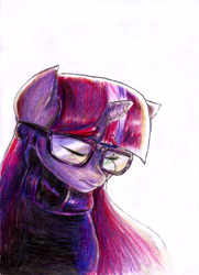 Size: 2085x2875 | Tagged: safe, artist:manny b.garcia, artist:mannybcadavera, moondancer, pony, unicorn, colored pencil drawing, feelings, glasses, purple palette, sadness, simple background, solo, traditional art, white background