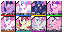 Size: 1570x841 | Tagged: safe, artist:lightning stripe, derpibooru exclusive, moondancer, princess cadance, princess celestia, princess flurry heart, princess luna, twilight, twilight sparkle, twilight sparkle (alicorn), twilight velvet, alicorn, pony, fighting is magic, g1, alicornified, alternate costumes, female, flying, g1 to g4, generation leap, grin, horn, mare, moondancercorn, palette swap, pink background, race swap, recolor, show accurate, simple background, smiling, spread wings, super smash bros., super smash bros. ultimate, text, wings