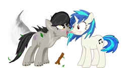 Size: 1000x538 | Tagged: safe, artist:cruelseptember, dj pon-3, octavia melody, vinyl scratch, earth pony, hengstwolf, pony, unicorn, vampire, vampony, werewolf, wolf, my roommate is a vampire, blushing, fangs, female, fluffy, hooves, horn, lesbian, licking, lycan, mare, open mouth, scratchtavia, shipping, simple background, stick, tail wag, tongue out, vinyl the vampire, white background, wolfified, wolftavia