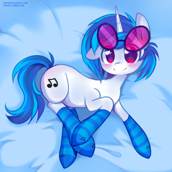 Size: 800x800 | Tagged: safe, artist:pekou, dj pon-3, vinyl scratch, pony, unicorn, blushing, clothes, cute, ear down, female, looking at you, mare, smiling, socks, solo, striped socks, vinylbetes
