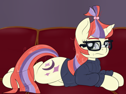 Size: 1600x1200 | Tagged: safe, artist:pavlovzdawg, moondancer, pony, unicorn, clothes, female, frown, glasses, looking at you, mare, sofa, sweater, unamused
