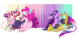 Size: 2000x991 | Tagged: safe, artist:eqq_scremble, lightning dust, moondancer, pinkie pie, twilight sparkle, twilight sparkle (alicorn), alicorn, earth pony, pegasus, pony, unicorn, abstract background, alternate design, blushing, braid, cloven hooves, colored hooves, eqqverse, feathering, female, glasses, headcanon, helmet, hickey, hug, kissy face, leonine tail, lesbian, mare, moonpie, next generation, polyamory, preening, pullover, royal guard, shipping, smiling, twidust, twinkie, unshorn fetlocks