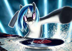 Size: 4093x2894 | Tagged: safe, artist:rautakoura, dj pon-3, vinyl scratch, pony, unicorn, record, smiling, solo, sparks